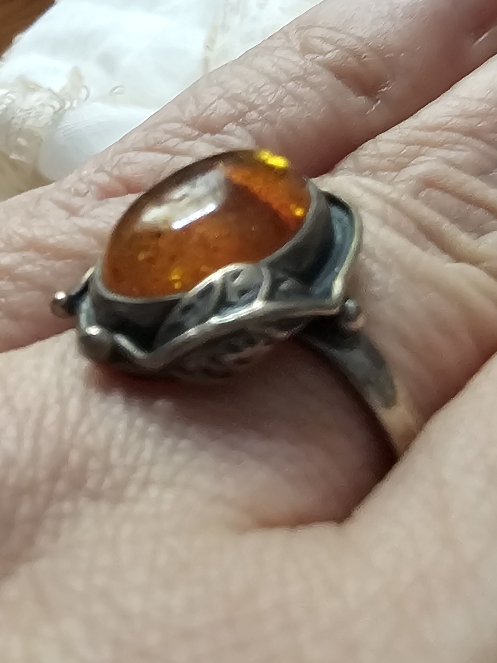 Hallmarked Einer Bernhard Ferhn Silver Women's Ring with Amber Cabochon Stone